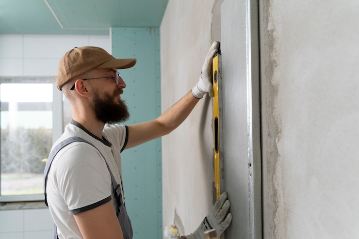 tiler trabajando en la renovación del apartamento