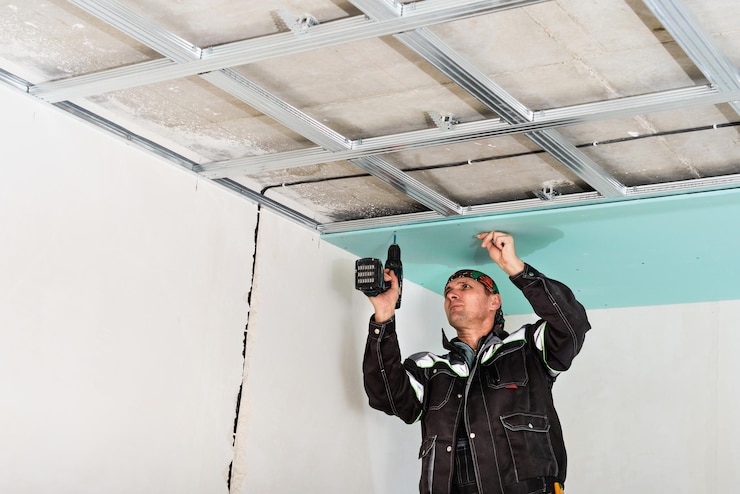 trabajador de la construcción montaje de techo suspendido con drywall y fijación del drywall a la estructura metálica del techo con destornillador